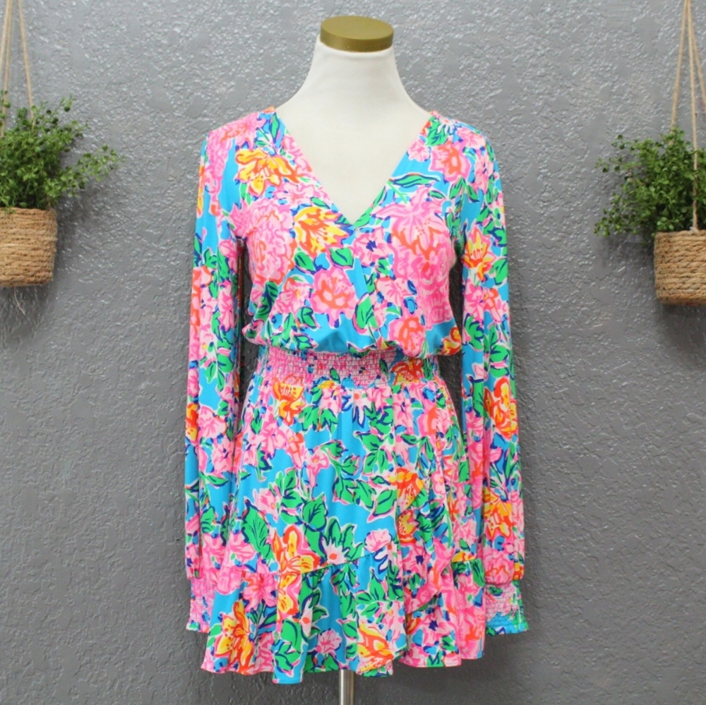 Lilly Pulitzer Peggy Romper Dress Rose To The Occasion Floral Long Sleeve XS